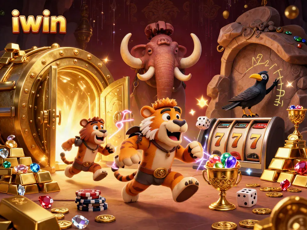 Activate iwin slots with engaging caveman and tiger duo at a vibrant casino scene.