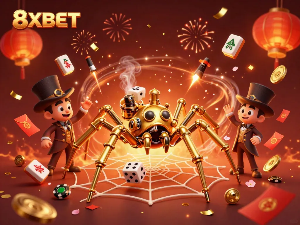 Engage with 8XBET through a captivating steampunk-themed 3D illustration showcasing unique gaming elements.