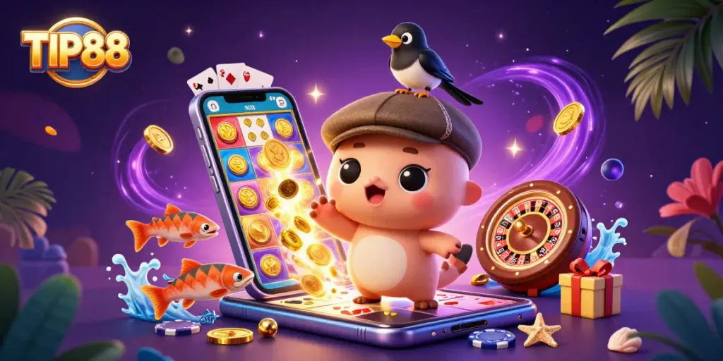 Experience the excitement of TIP88 with vibrant casino elements in a playful 3D illustration.