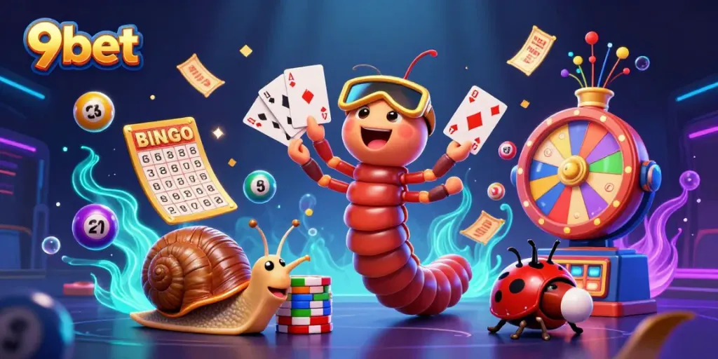 Engage with 9bet's vibrant casino illustration featuring a lively millipede dealer and dynamic gaming elements.