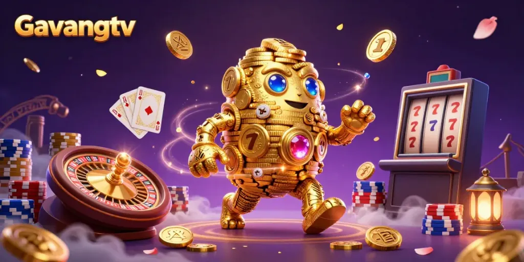 Experience thrilling action with Gavangtv as golden coins cascade from a golden golem in this vibrant gambling scene.