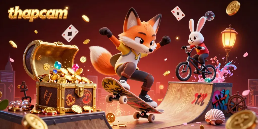 Experience the thrill of thapcam with a vibrant scene featuring a skateboarder fox and BMX rabbit amidst exciting casino elements.