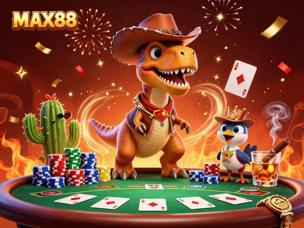 Engage in fun gambling action with MAX88 as a T-Rex poker player surrounded by colorful chips and lively casino elements.