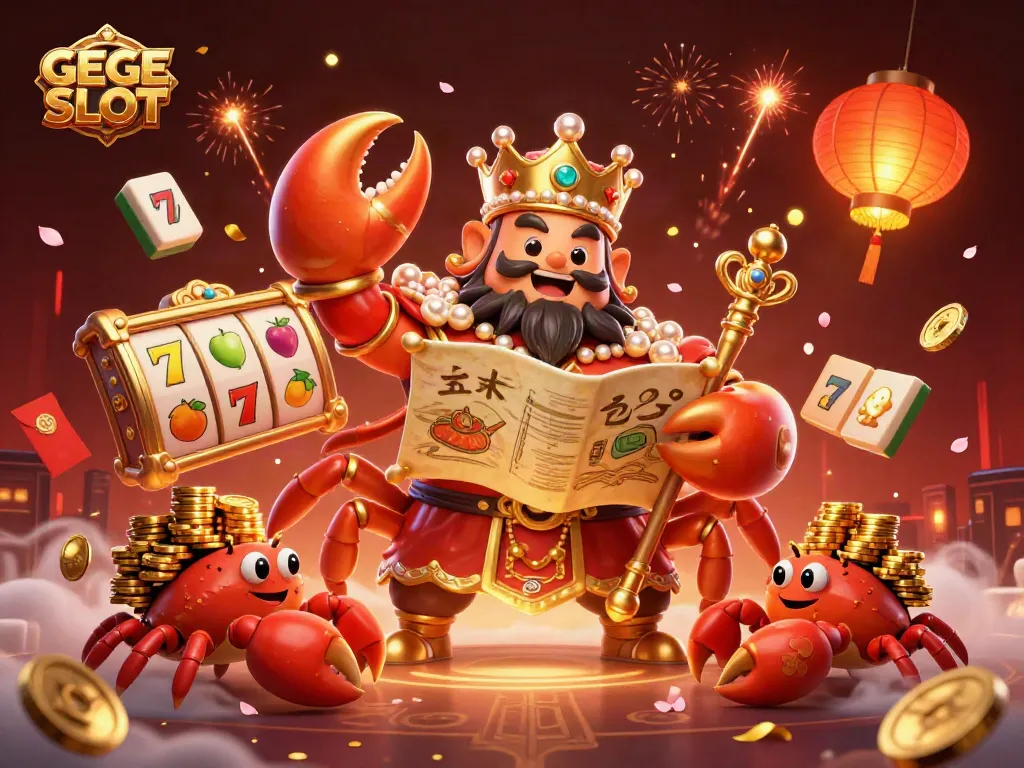 Get ready to win big with GEGESLOT as the golden crab emperor leads the casino celebration.