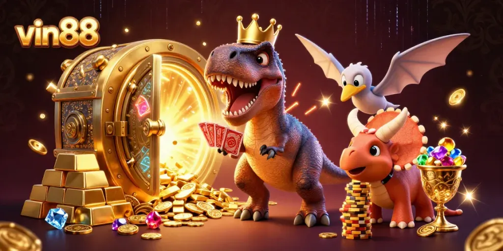 Engage with vin88's lively casino scene featuring a T-Rex, pterodactyl and triceratops playing cards and stacking chips.