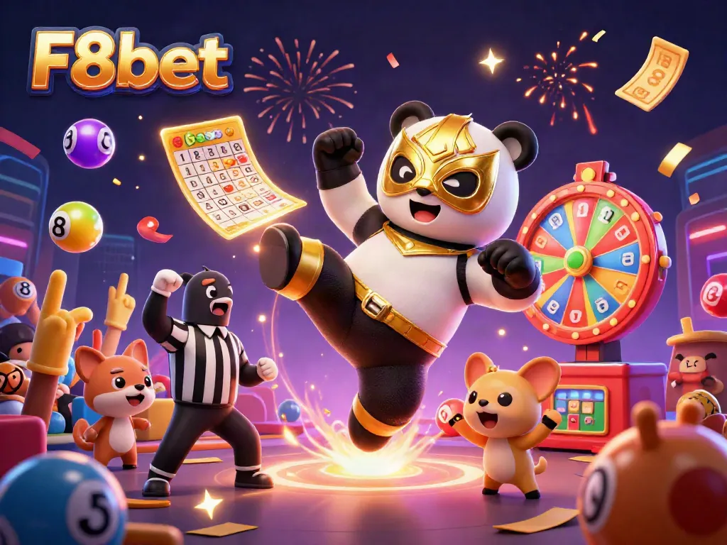 Experience fun with F8bet as a panda wrestler kicks in a vibrant lottery scene filled with excitement.