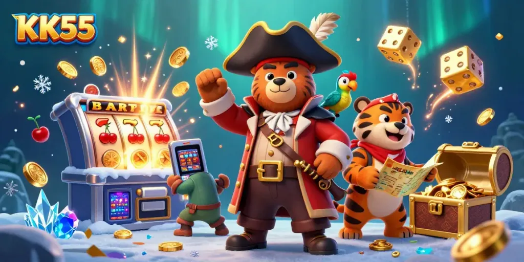 Experience the thrill of KK55 with a pirate bear and tiger in a vibrant casino scene.