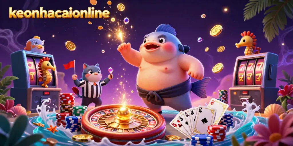 Engage with keonhacaionline's vibrant casino-themed underwater scene featuring a fugu, referee, and lively spectators.