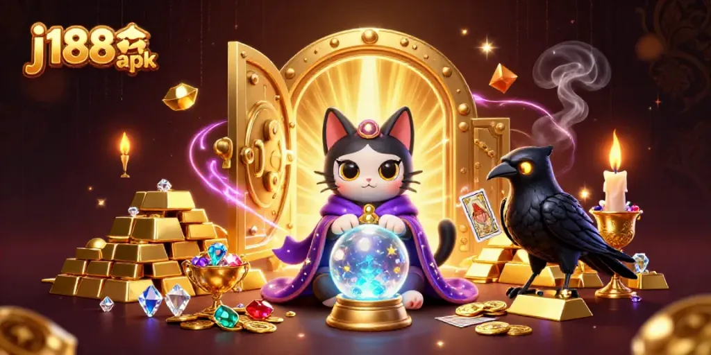 Experience the excitement of j188 apk through a mystical 3D casino scene filled with treasures and enchanting characters.