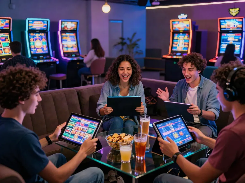 Friends enjoying da88 online gaming in a vibrant casino setting