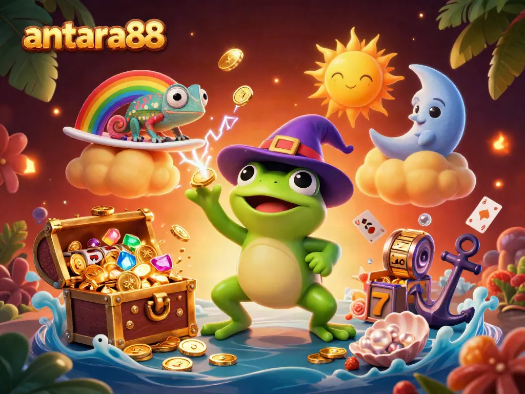 Experience the excitement of antara88 with a vibrant scene of a wizard frog and chameleon amidst golden coins and slot reels.
