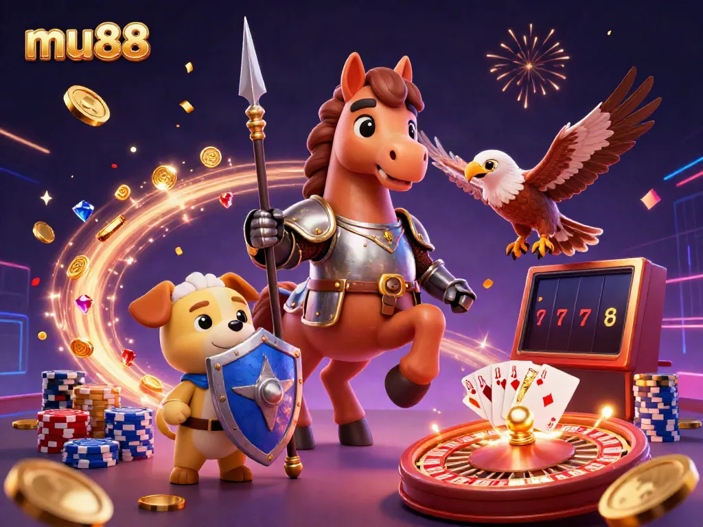 Experience thrilling mu88 gaming with a knight, puppy, and falcon amidst golden coins and dazzling casino elements.