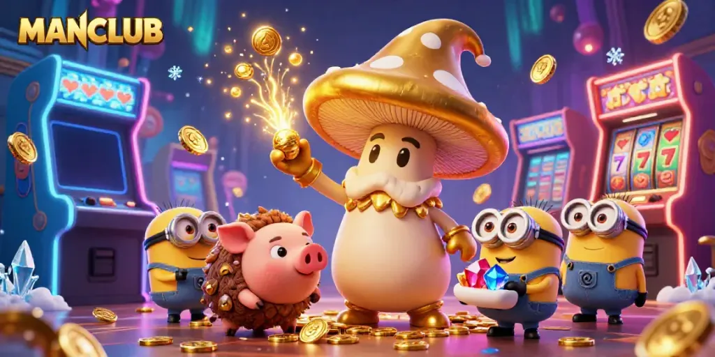 Experience the thrill of MANCLUB with magical treasures and vibrant casino elements in an action-packed scene.