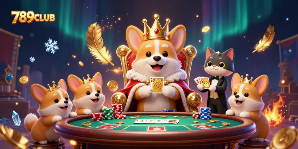 Engage with 789CLUB's vibrant casino illustration featuring a royal corgi presiding over a poker scene.