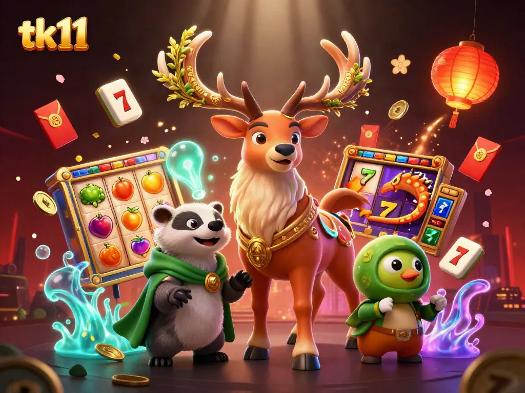 tk11 showcases a magical 3D scene with a Celtic druid stag and gaming elements, depicting excitement in a casino setting.