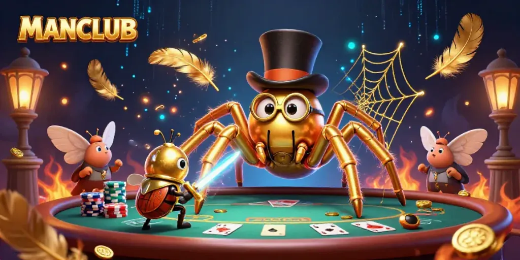 Engage in thrilling card games at MANCLUB, with a golden tarantula and beetle knight in a vibrant casino scene.