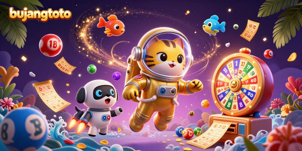 Bujangtoto lottery balls bounce dynamically in an ultra-detailed 3D casino scene with a vibrant prize wheel.