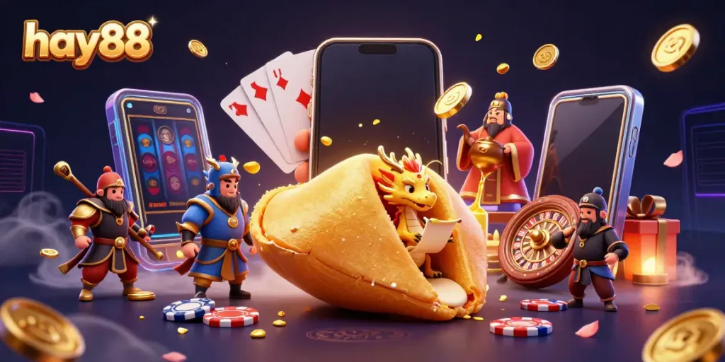 Experience exciting gambling with hay88, featuring a golden fortune cookie and a dragon among slots and poker elements.