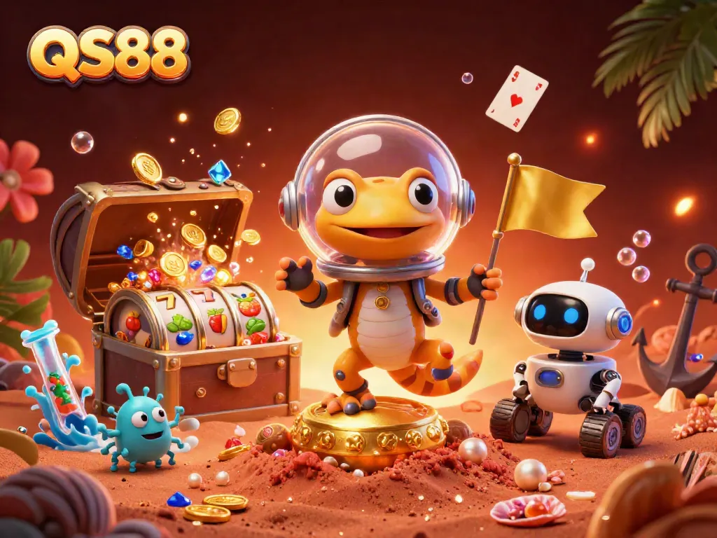 Experience thrilling adventures at QS88's vibrant casino with stunning 3D illustration of playful characters.