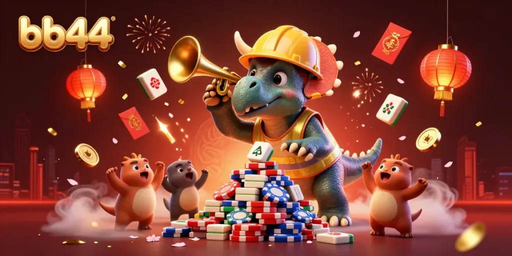 bb44 casino themed illustration featuring a triceratops building poker chips surrounded by festive elements.
