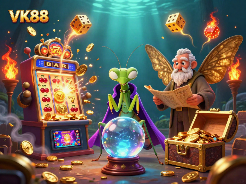Experience the thrill of VK88 with a vibrant cartoon scene of fortune teller and gaming elements.