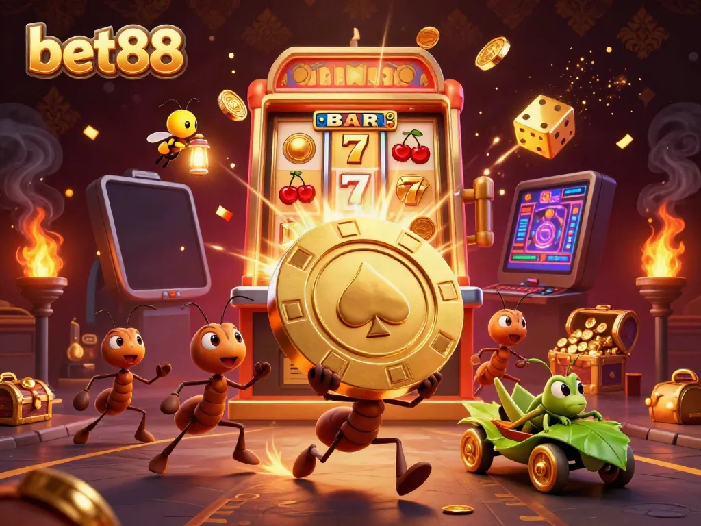 Experience the excitement of bet88 with a team of cartoon ants in a lively heist scene amidst colorful casino elements.