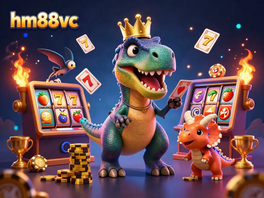 Engaging scene with hm88vc mascot characters shuffling cards and stacking chips in a colorful casino environment.