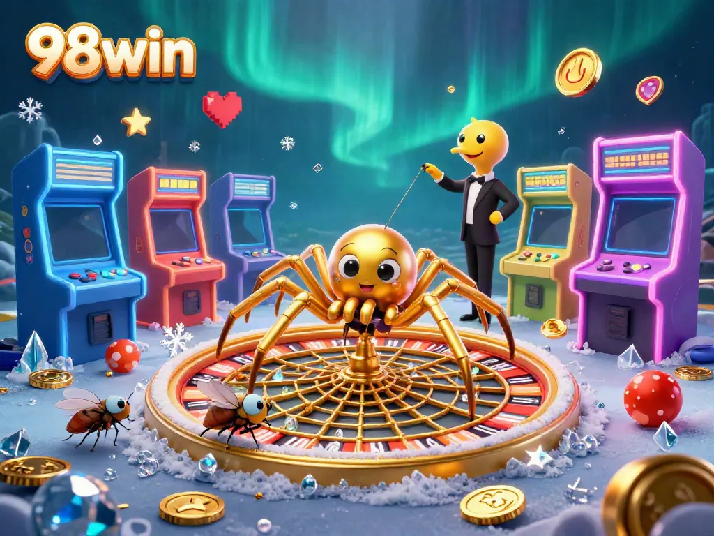 Place bets with 98win in a vibrant 3D casino illustration featuring a spider and centipede croupiers.