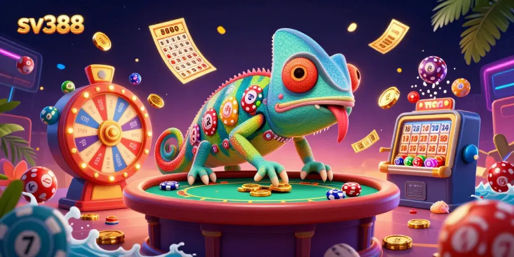 Experience exciting gameplay at SV388 with the chameleon casino owner amidst vibrant casino elements.