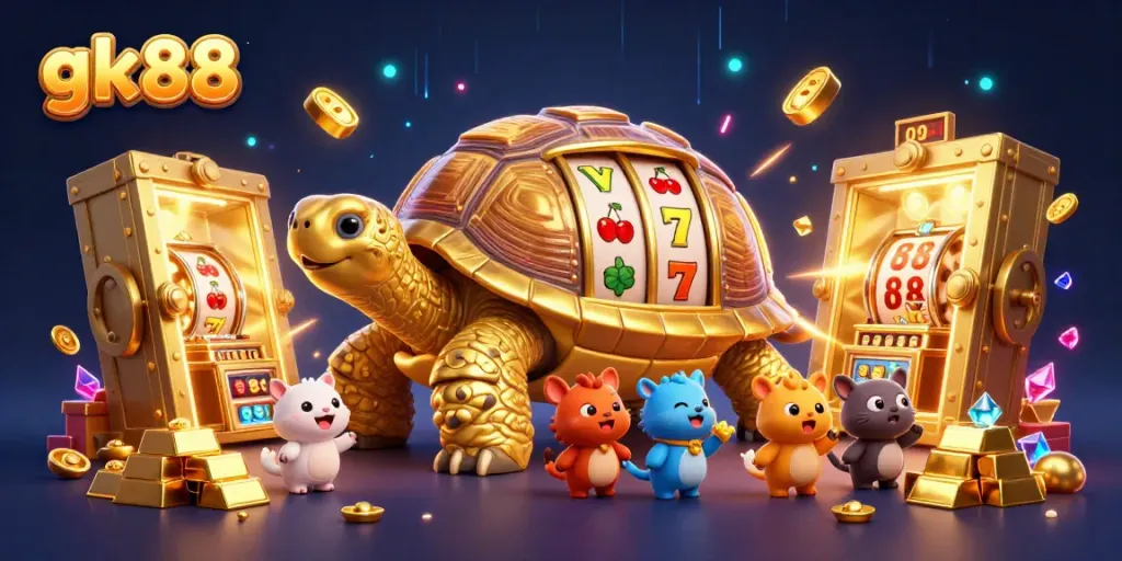 Experience the thrill of gk88 in a vibrant cartoon casino scene with a golden tortoise slot machine.