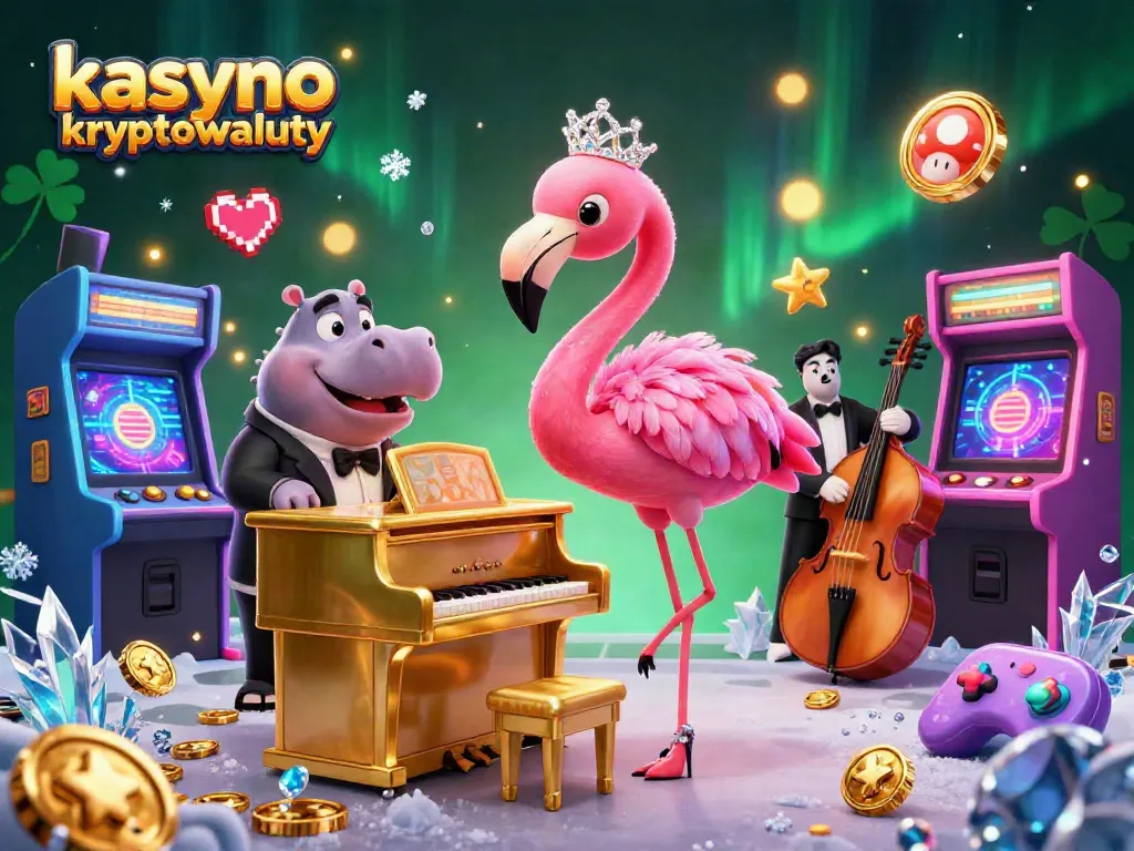Experience the vibrant kasyno kryptowaluty scene featuring a flamingo singer and hippo bassist with arcade and blockchain elements.