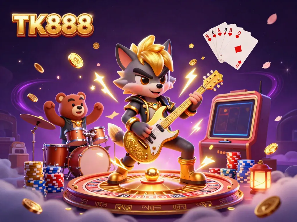 Experience the thrill of winning at TK888 with a vibrant casino scene featuring engaging characters and dazzling gaming elements.