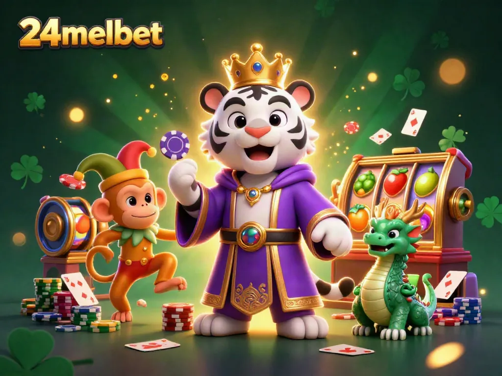 Experience the excitement of 24melbet with a vivid illustration of a tiger, monkey, and dragon in a casino setting.