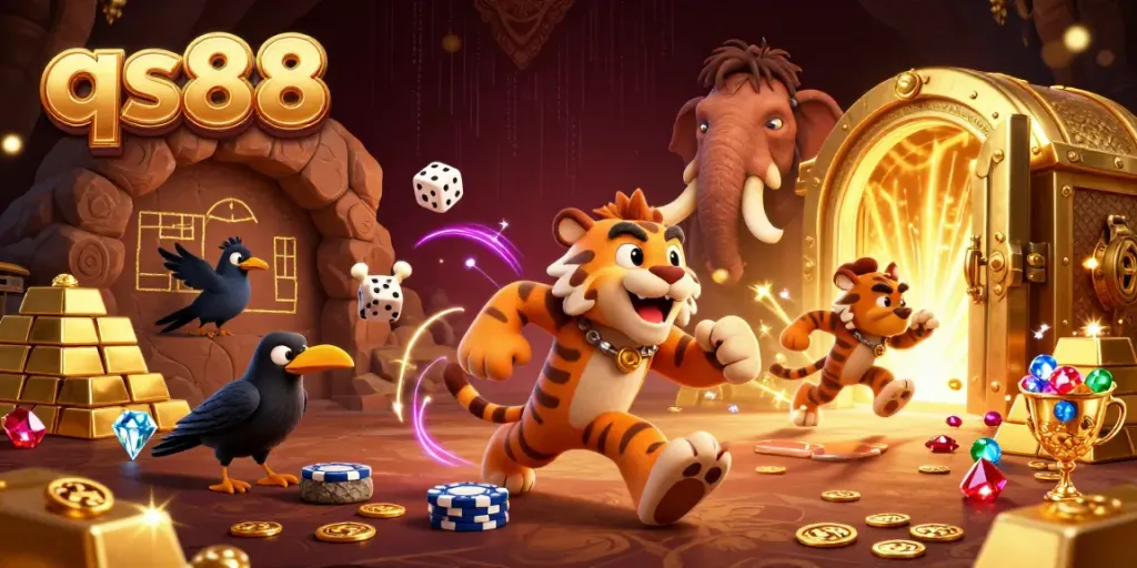 Spin the slots at qs88 with a playful caveman and sabertooth tiger duo in a lively casino.