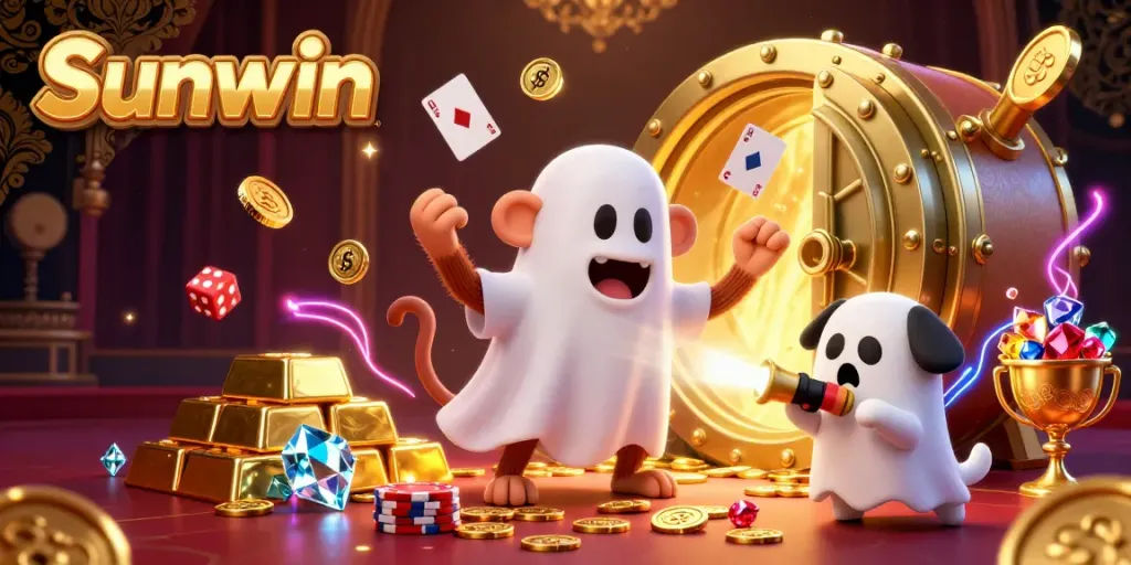 Experience the thrill of Sunwin with a playful poltergeist monkey amidst a dazzling casino scene, juggling golden gems.