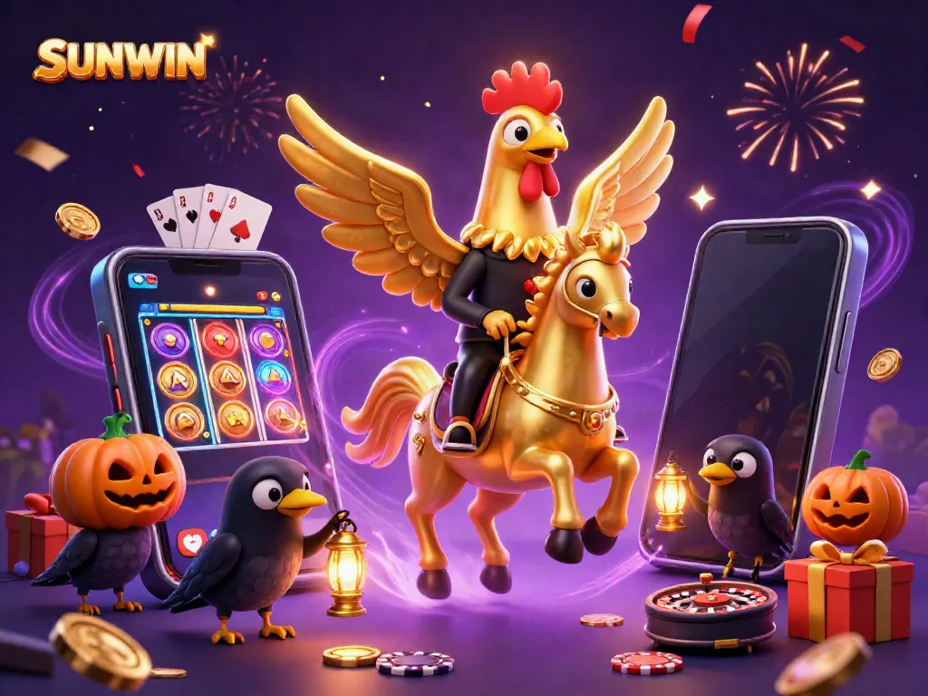 Experience SUNWIN with a golden rooster riding a mystical horse in a vibrant casino scene.