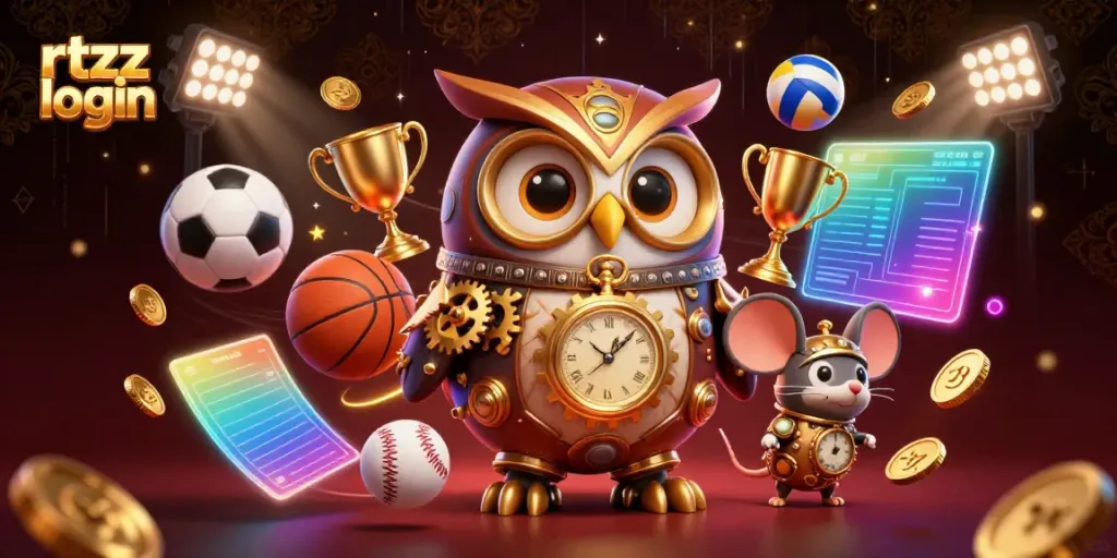 Engage with rtzz login through this vibrant 3D cartoon illustration showcasing dynamic casino game elements.