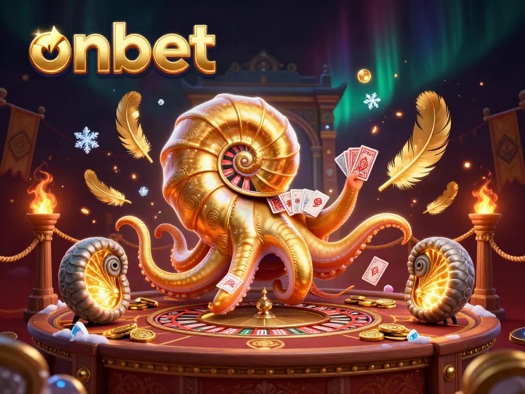 Join the thrilling world of onbet with a dynamic illustration of a giant nautilus roulette wheel and glowing ammonite fossils.