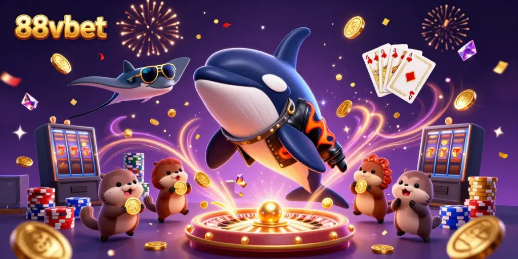 Spin and win with 88vbet featuring a lively scene of animated characters and casino elements.