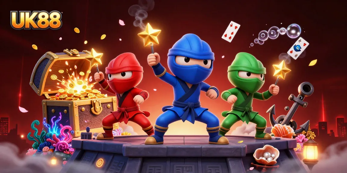 UK88 excites players with dynamic martial arts and vibrant casino-themed 3D illustration.