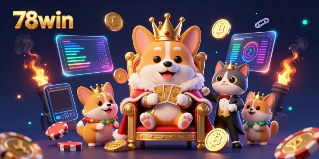 Experience the engaging world of 78win as a royal corgi presents a luxurious card deck.