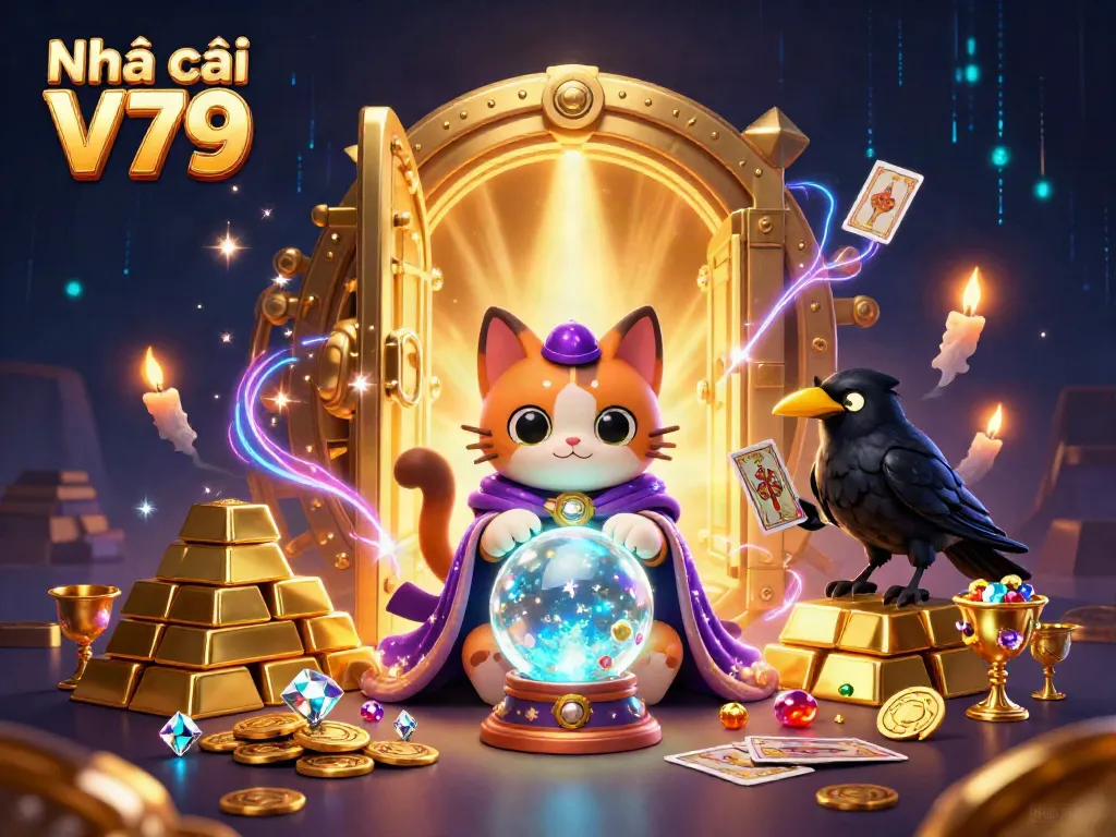 Experience house fortune with Nhà cái V79, showcasing whimsical casino characters and a treasure-filled scene.
