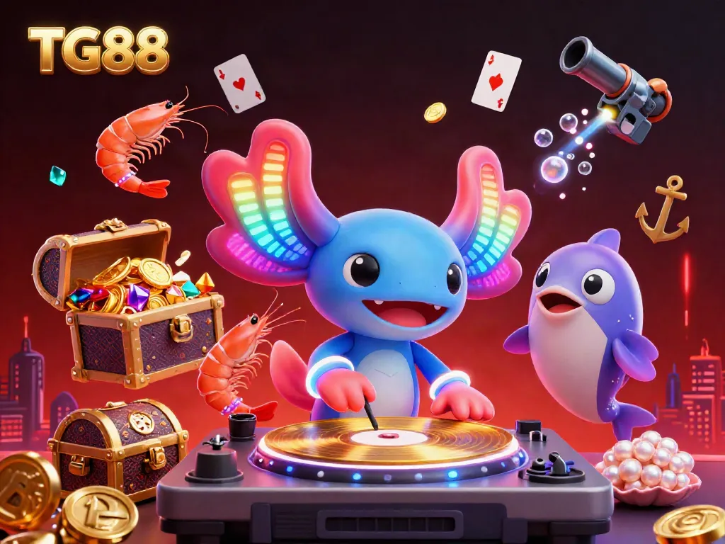 Experience fun at TG88's vibrant underwater casino with animated axolotl DJ and lively sea creatures.