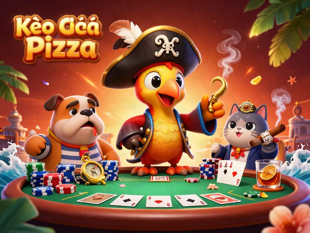 Kèo Nhà Cái Pizza showcases a vibrant 3D pirate-themed poker scene with colorful chips and cards.