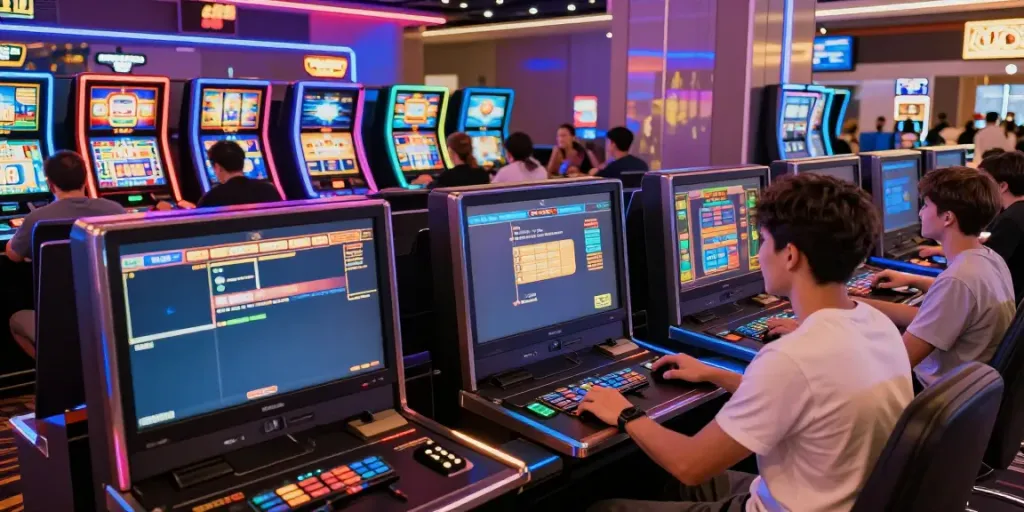 Pengalaman bermain slot yang menggembirakan di kasino digital dengan pencahayaan berwarna-warni yang menarik.