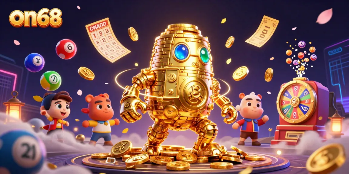Experience the excitement of on68's vibrant casino games with a dazzling golden golem illustration.