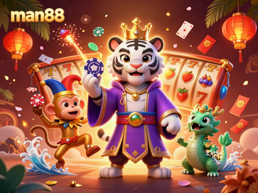 Experience thrilling action at man88 with vibrant characters and casino elements in an exciting gaming scene.