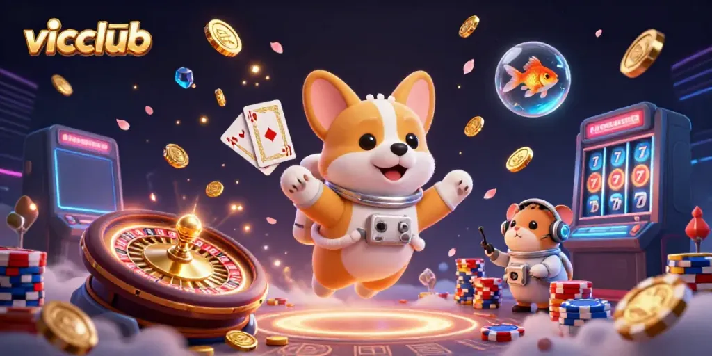 Experience exciting gameplay at vicclub with a 3D cartoon illustration featuring a floating casino scene.