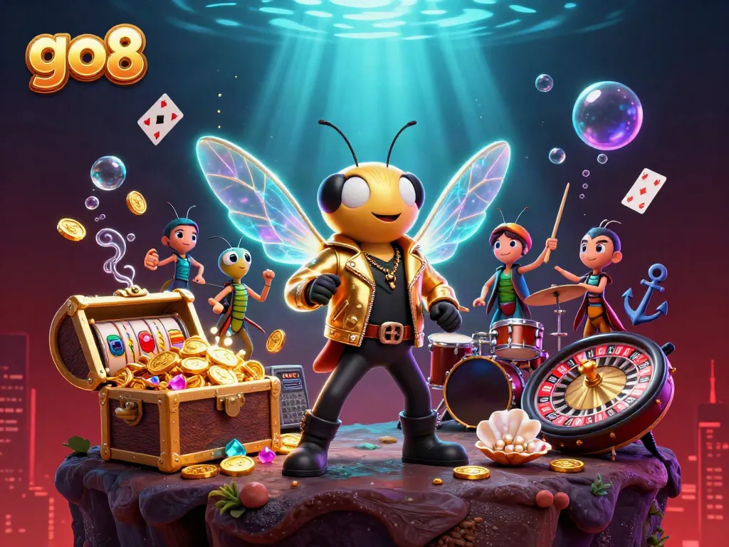 Experience the thrill of go8 with a unique rockstar-themed casino illustration featuring vibrant game elements.