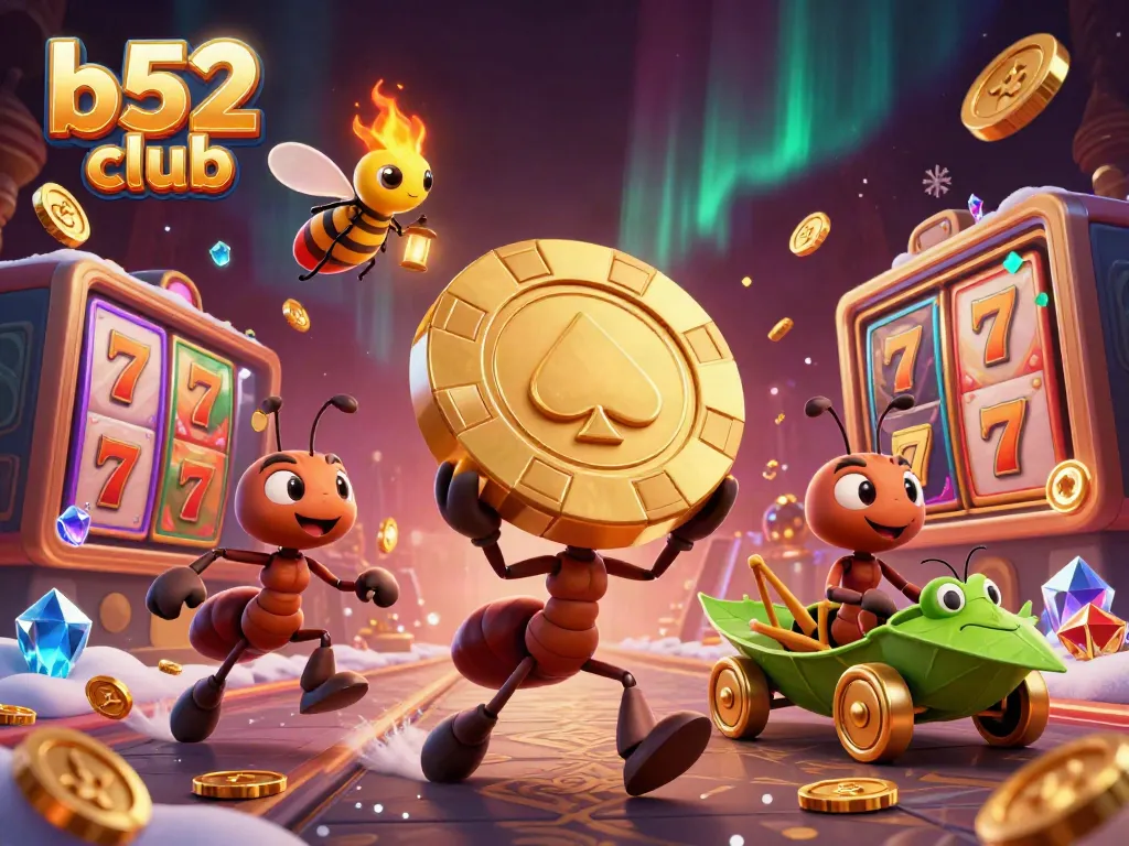 Ants carrying a giant golden poker chip in a playful b52 club casino heist scene filled with slot elements.